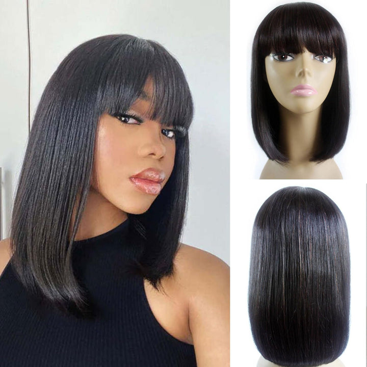 ManeMajesty 14 Inch Straight Lace Front Bob With Bangs Glueless Human Hair Wig