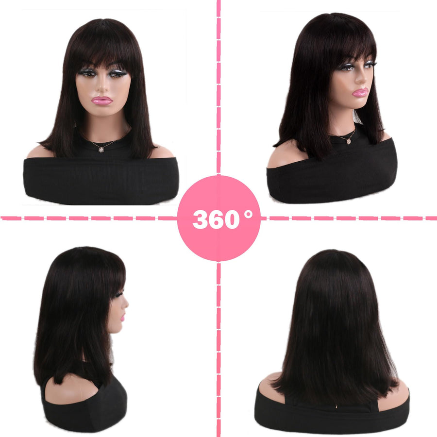 ManeMajesty 14 Inch Straight Lace Front Bob With Bangs Glueless Human Hair Wig - FT-1280M - B0CC529HLF