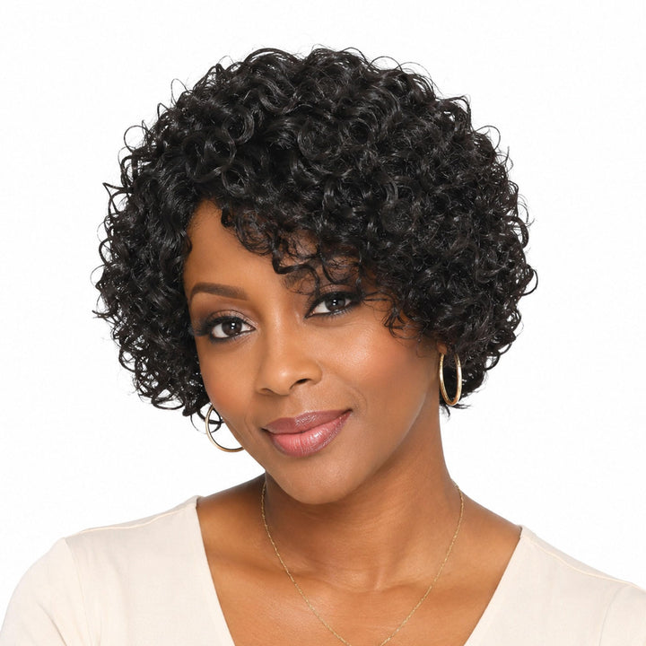 ManeMajesty 8 Inch Jerry Curly Lace Front Bob With Bangs Pixie Cut Glueless Wear and Go Human Hair Wig