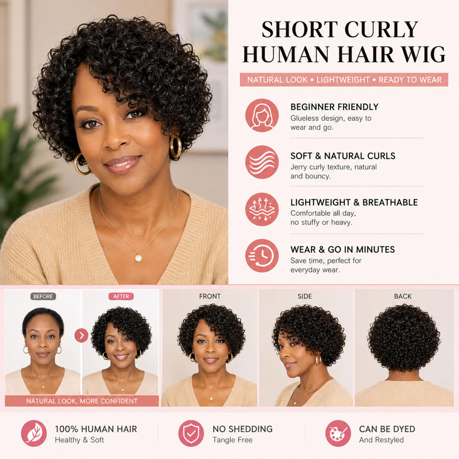 ManeMajesty 8 Inch Jerry Curly Lace Front Bob With Bangs Pixie Cut Glueless Wear and Go Human Hair Wig - FT-1800 - B0CC54FKHH