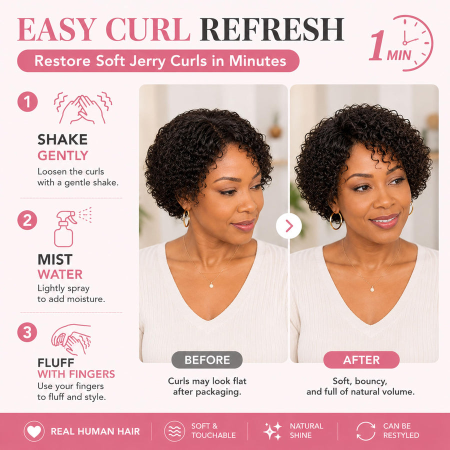 ManeMajesty 8 Inch Jerry Curly Lace Front Bob With Bangs Pixie Cut Glueless Wear and Go Human Hair Wig - FT-1800 - B0CC54FKHH