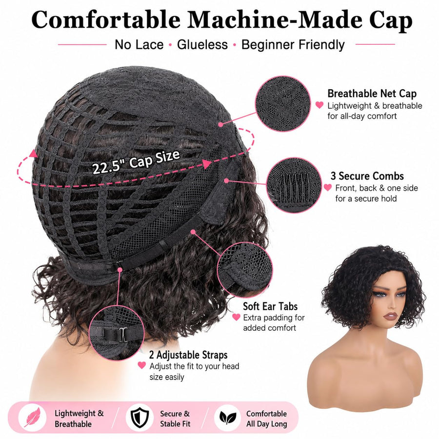 ManeMajesty 10 Inch Curly Non-Lace Bob Glueless Wear and Go Human Hair Wig - FT-1335 - B0CC55D7J8