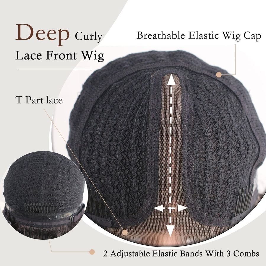 ManeMajesty Deep Curly 13x4 T Part Lace Front Glueless Human Hair Wig - FT-2211 - B0CC57CKSX