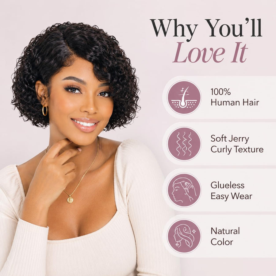 ManeMajesty Curly Lace Front Bob Glueless Wear and Go Human Hair Wig - FT-2083A-S - B0CKSBD775