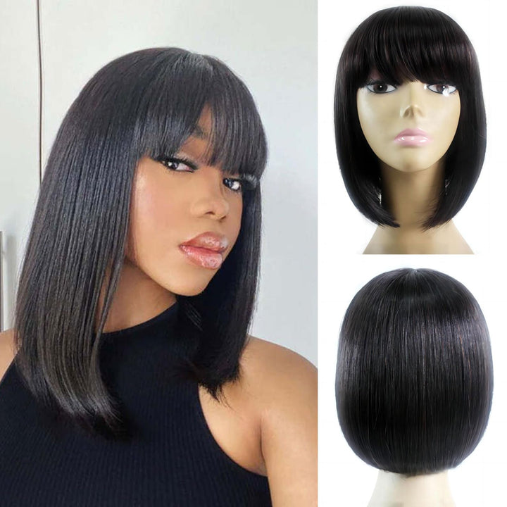 ManeMajesty 12 Inch Straight Lace Front Bob With Bangs Glueless Human Hair Wig
