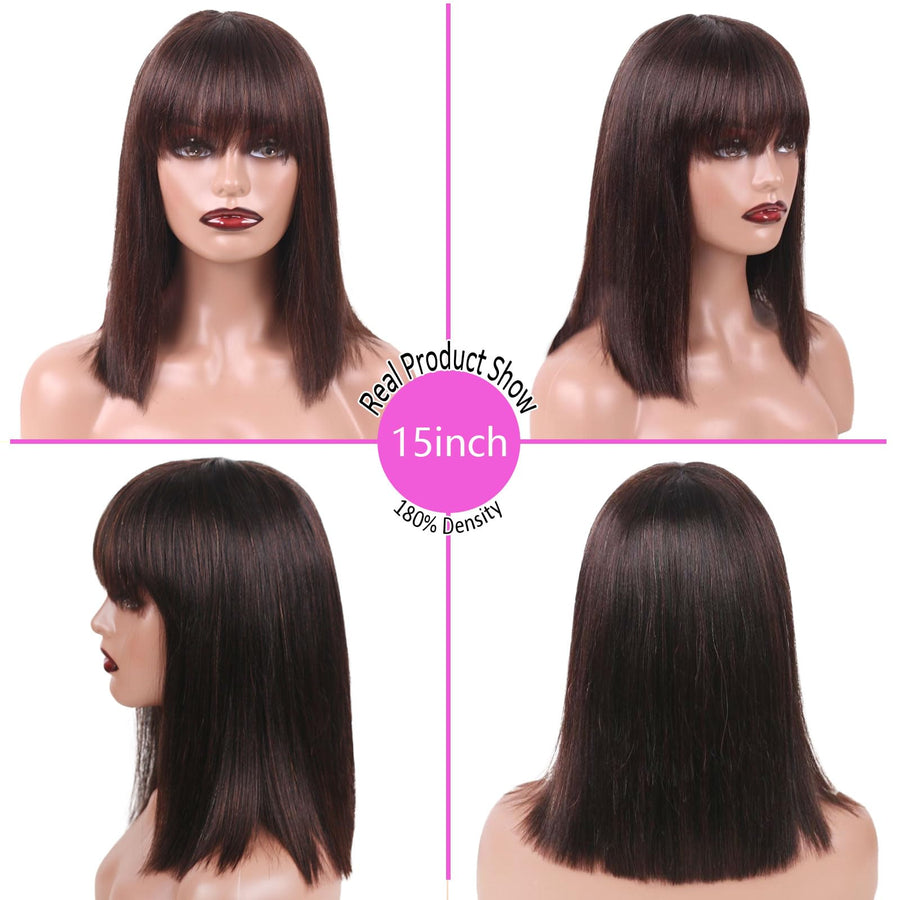 ManeMajesty 15 Inch Yaki Straight Lace Front Bob With Bangs Glueless Human Hair Wig - FT-2167M NATURAL - B0CXSGL5DZ