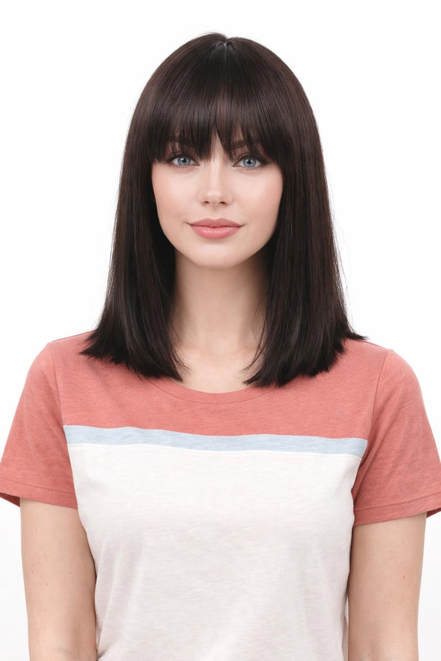 ManeMajesty 15 Inch Yaki Straight Lace Front Bob With Bangs Glueless Human Hair Wig - FT-2167M NATURAL BK - B0CXSJ58R8