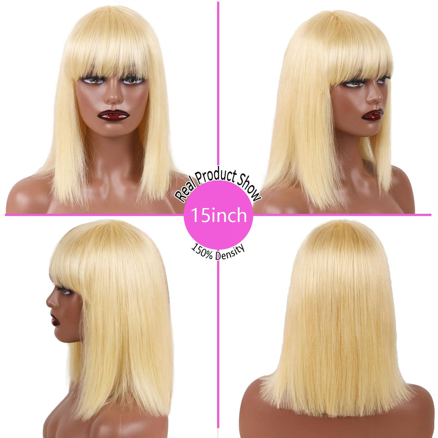 ManeMajesty 15 Inch Yaki Straight Lace Front Bob With Bangs Glueless Human Hair Wig - FT-2167M 613 - B0CXSLLBF3