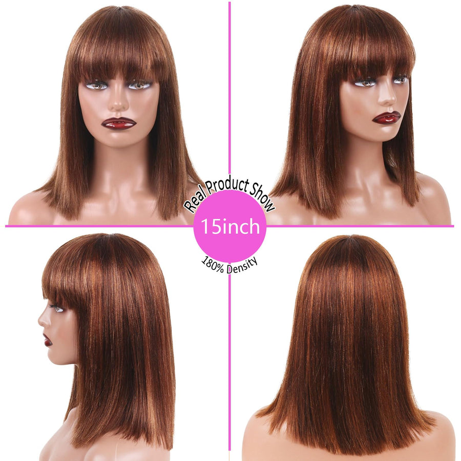 ManeMajesty 15 Inch Yaki Straight Lace Front Bob With Bangs Glueless Human Hair Wig - FT-2167M FS27/30 - B0CXSLR38F