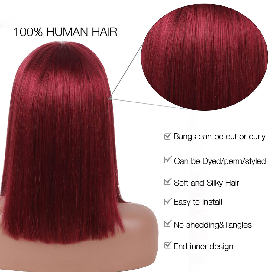 ManeMajesty 14 Inch Straight Lace Front Bob With Bangs Glueless Human Hair Wig - FT-1280M 99J - B0CYBFYWST