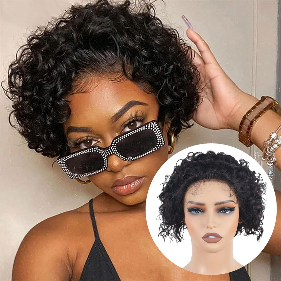 ManeMajesty Curly 13x5 Lace Front Bob Pixie Cut Glueless Human Hair Wig - FT- 2116 - B0D87B6CWY