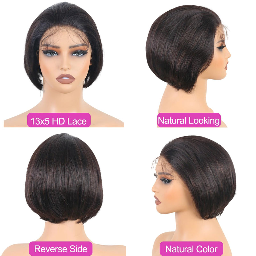 ManeMajesty 6 Inch Straight 13x5 Lace Front Bob Pixie Cut Glueless Human Hair Wig - FT- 2114 - B0D87BHJV8
