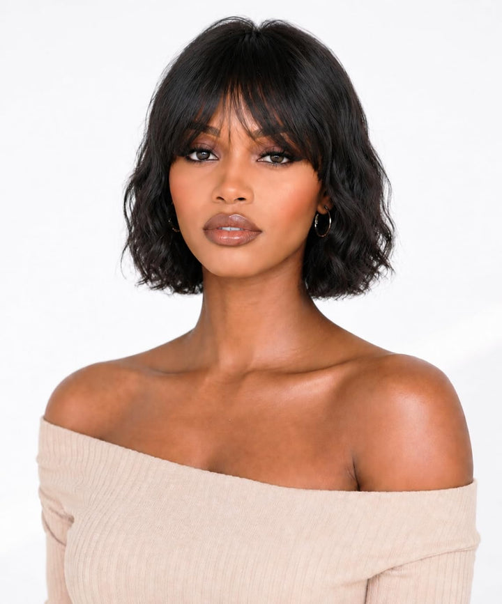 ManeMajesty 12 Inch Body Wave Bob With Bangs Human Hair Wig