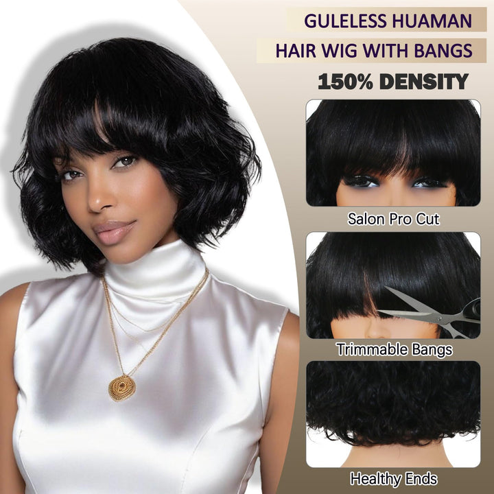 ManeMajesty 10 Inch Body Wave Bob With Bangs Human Hair Wig