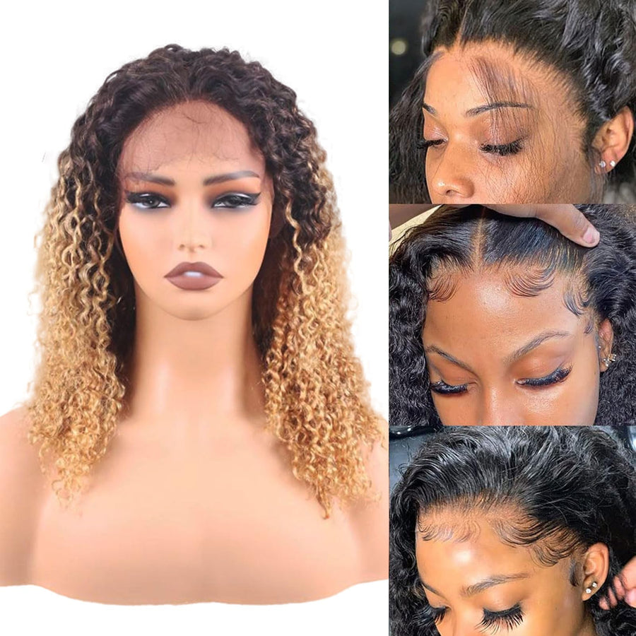ManeMajesty 18 Inch Kinky Curly Lace Front Human Hair Wig - FT-2087 TT1B/27 - B0DBKWSWHK