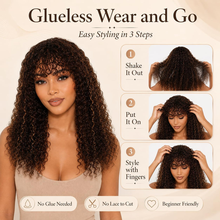 ManeMajesty 22 Inch Wet and Wavy Lace Front With Bangs Glueless Human Hair Wig - FT-2292 FS4/27 - B0DCJPW4H6