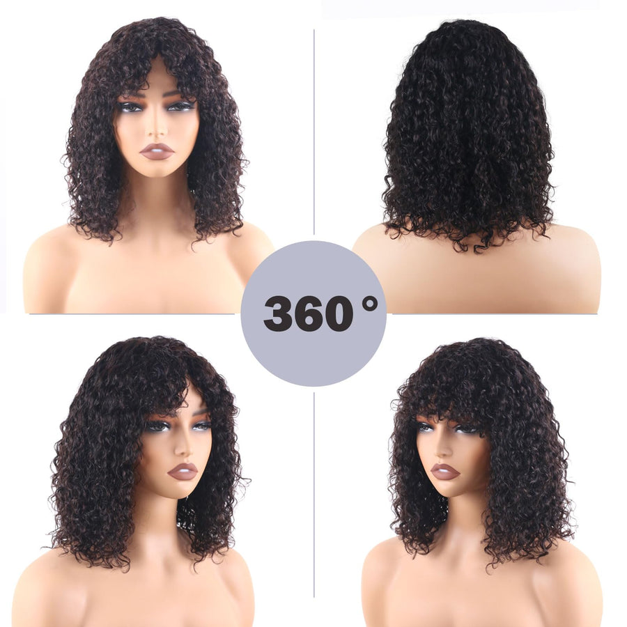 ManeMajesty Kinky Curly Lace Front Bob With Bangs Glueless Wear and Go Human Hair Wig - FT-2608S - B0DJ6N4586