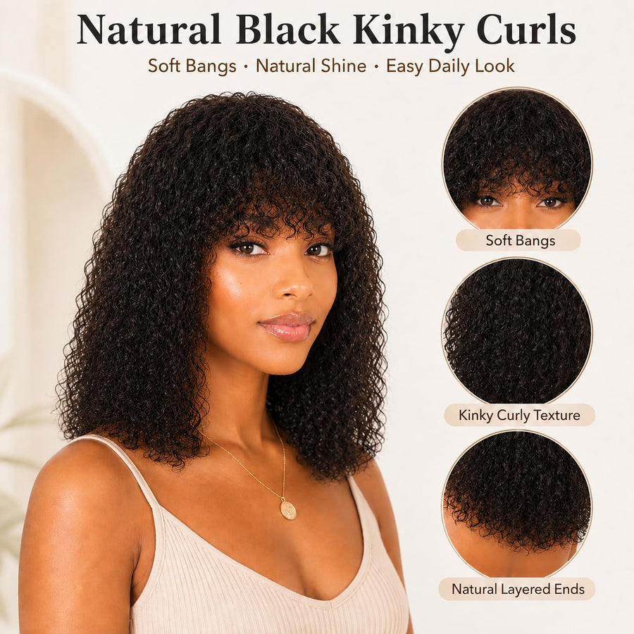 ManeMajesty Kinky Curly Lace Front Bob With Bangs Glueless Wear and Go Human Hair Wig - FT-2608 - B0DJ6PL9W2
