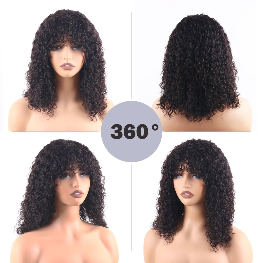 ManeMajesty Kinky Curly Lace Front Bob With Bangs Glueless Wear and Go Human Hair Wig - FT-2608 - B0DJ6PL9W2