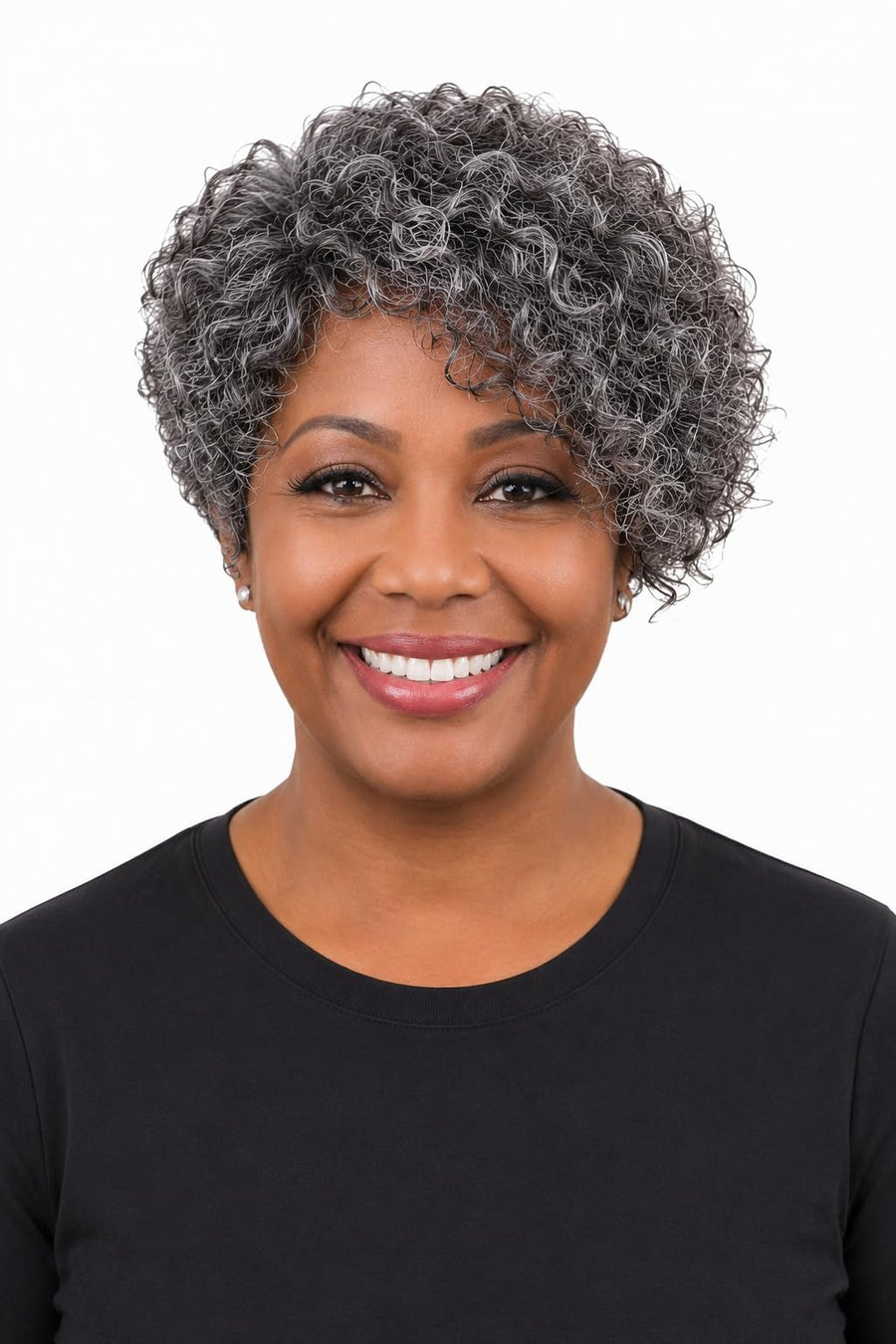 ManeMajesty 8 Inch Jerry Curly Lace Front Bob With Bangs Pixie Cut Glueless Wear and Go Human Hair Wig - FT-1800-Grey - B0DJ8C3B7G