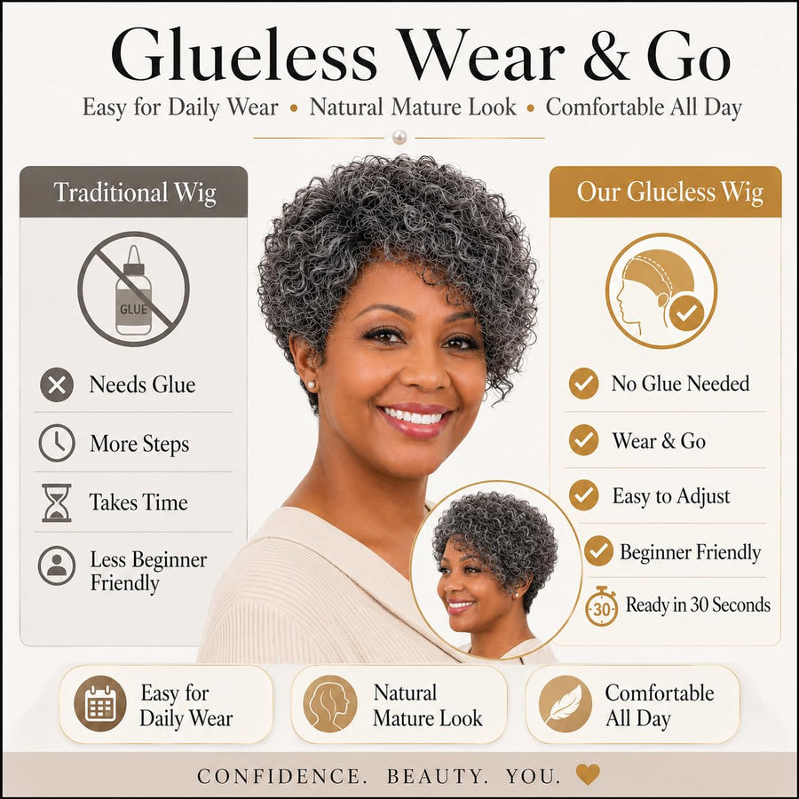 ManeMajesty 8 Inch Jerry Curly Lace Front Bob With Bangs Pixie Cut Glueless Wear and Go Human Hair Wig - FT-1800-Grey - B0DJ8C3B7G