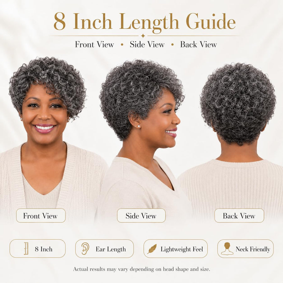 ManeMajesty 8 Inch Jerry Curly Lace Front Bob With Bangs Pixie Cut Glueless Wear and Go Human Hair Wig - FT-1800-Grey - B0DJ8C3B7G