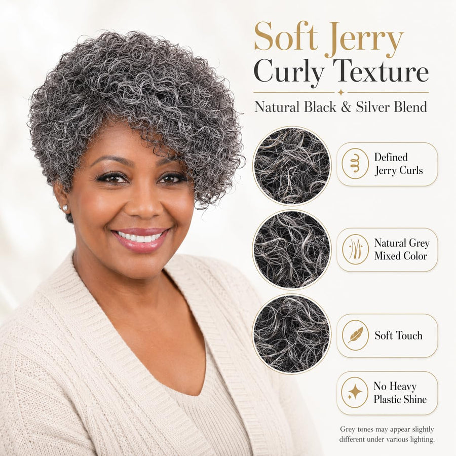 ManeMajesty 8 Inch Jerry Curly Lace Front Bob With Bangs Pixie Cut Glueless Wear and Go Human Hair Wig - FT-1800-Grey - B0DJ8C3B7G