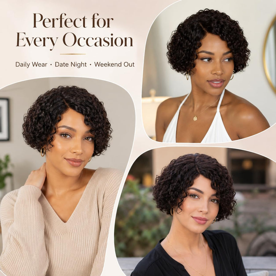 ManeMajesty Curly Lace Front Bob Glueless Wear and Go Human Hair Wig - FT-2083A-2S - B0DK2SXN42