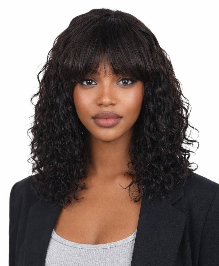 ManeMajesty Wet and Wavy With Bangs Glueless Human Hair Wig - Wavy