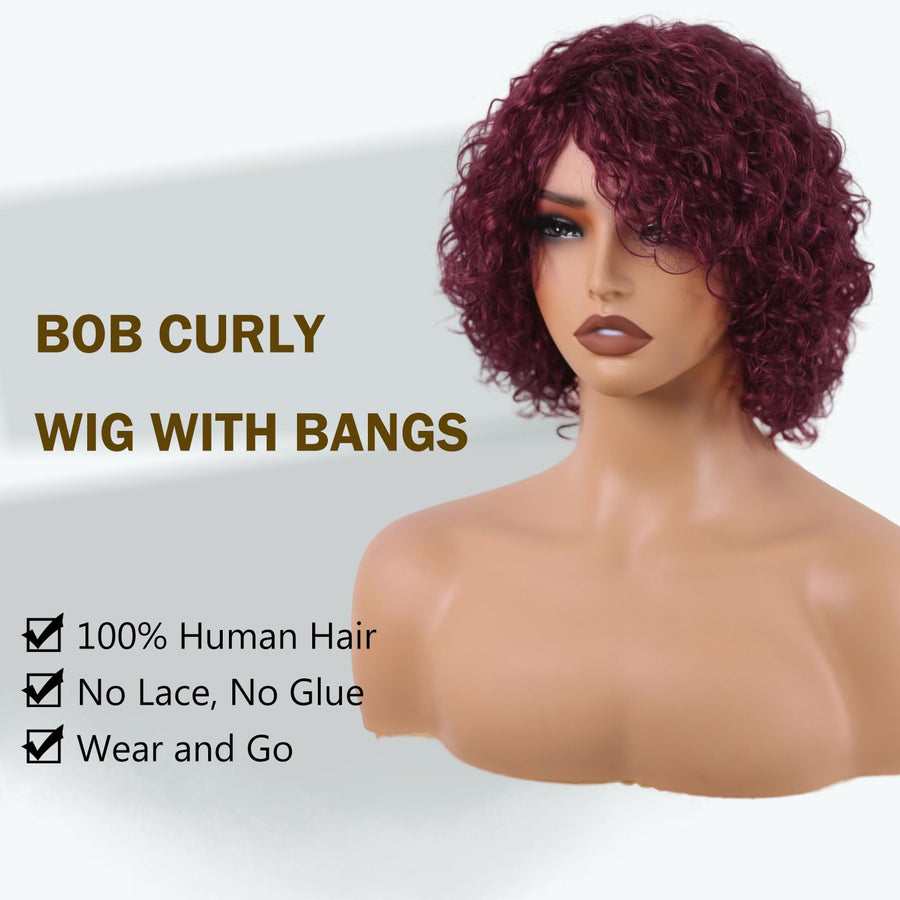 ManeMajesty 10 Inch Curly Lace Front Bob With Bangs Glueless Wear and Go Human Hair Wig - FT-1555-99J - B0DT48B1HF
