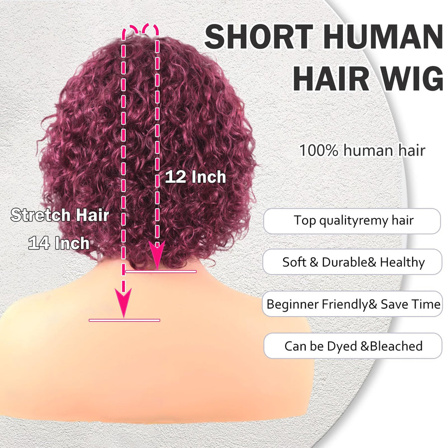 ManeMajesty 10 Inch Curly Lace Front Bob With Bangs Glueless Wear and Go Human Hair Wig - FT-1555-99J - B0DT48B1HF