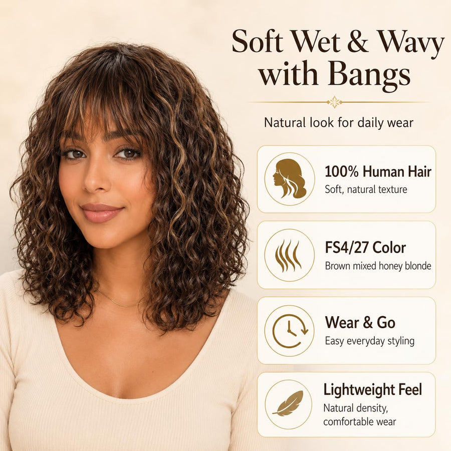 ManeMajesty 16 Inch Wet and Wavy Non-Lace With Bangs Glueless Wear and Go Human Hair Wig - FT-2068M-FS4/27 - B0DT48G2V4