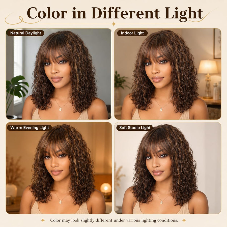 ManeMajesty 16 Inch Wet and Wavy Non-Lace With Bangs Glueless Wear and Go Human Hair Wig - FT-2068M-FS4/27 - B0DT48G2V4