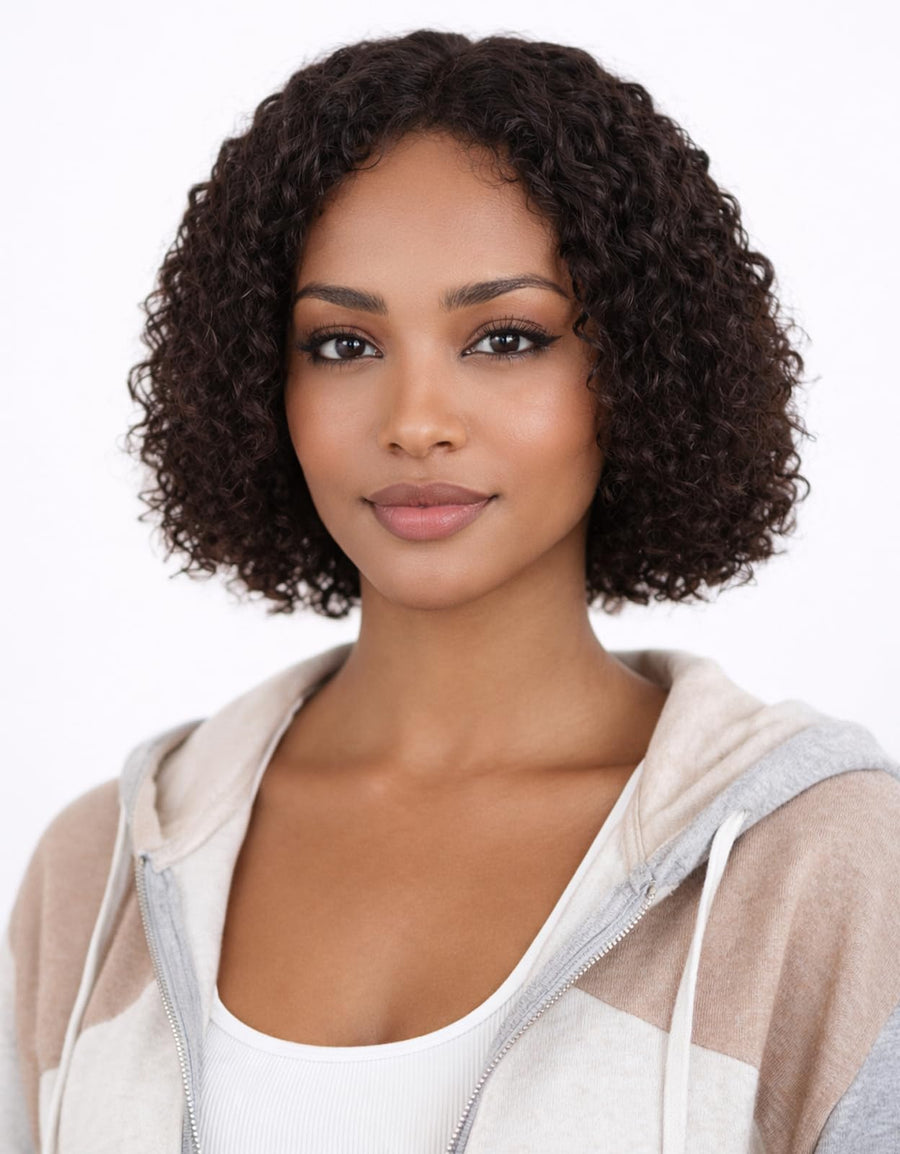 ManeMajesty 8 Inch Kinky Curly T Part Lace Front Bob Glueless Human Hair Wig - FT-1965M-N - B0F1XK8P71