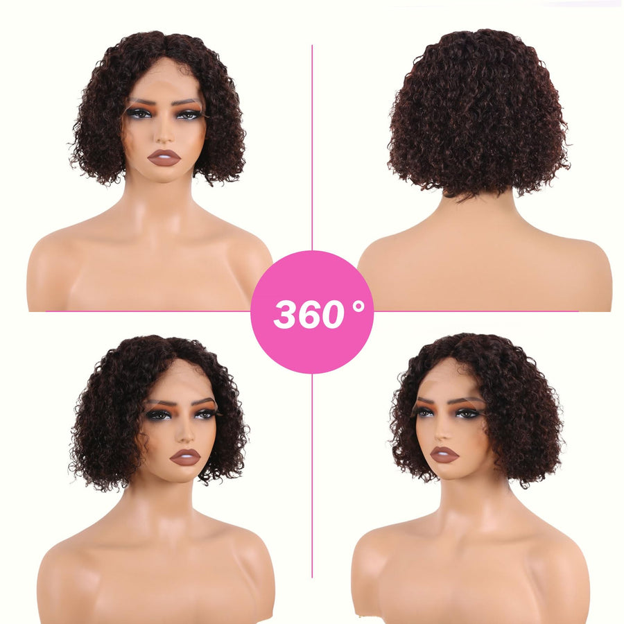 ManeMajesty 8 Inch Kinky Curly T Part Lace Front Bob Glueless Human Hair Wig - FT-1965M-N - B0F1XK8P71