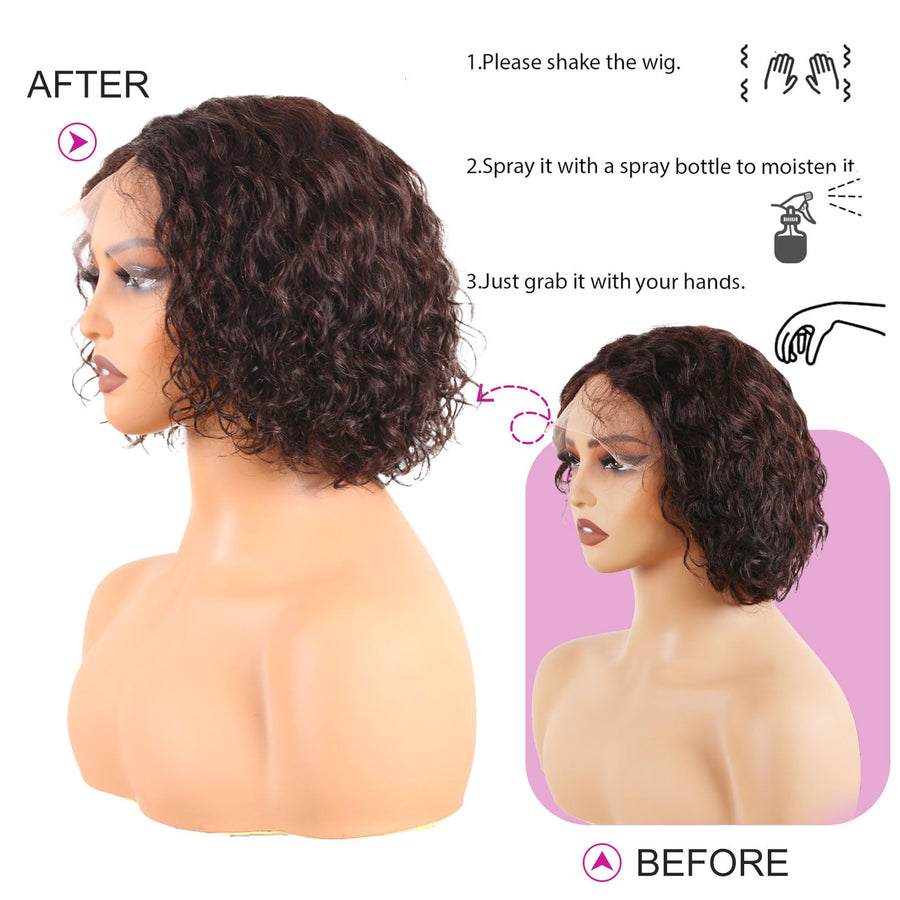 ManeMajesty 8 Inch Kinky Curly T Part Lace Front Bob Glueless Human Hair Wig - FT-1965M-N - B0F1XK8P71