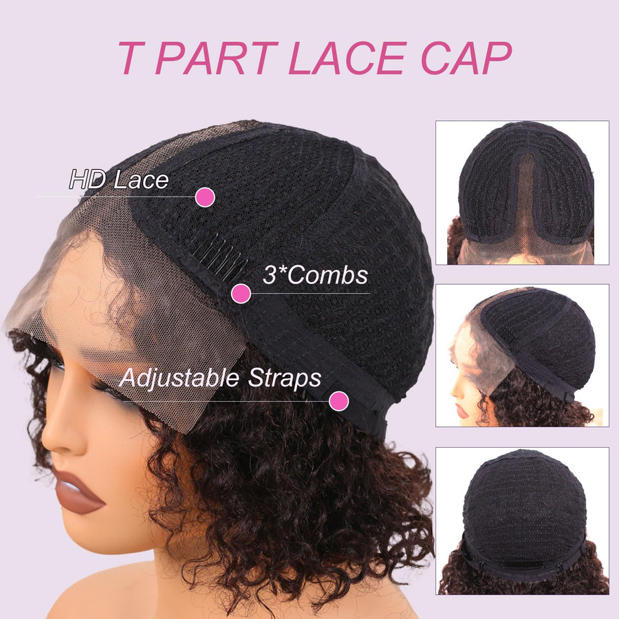 ManeMajesty 8 Inch Kinky Curly T Part Lace Front Bob Glueless Human Hair Wig - FT-1965M-NK - B0F1XQ7HJX