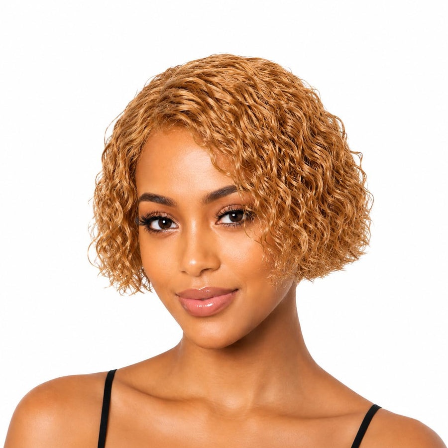 ManeMajesty 8 Inch Deep Curly Lace Front Bob Glueless Wear and Go Human Hair Wig - FT-1930B-#27 - B0F28DWYQ5
