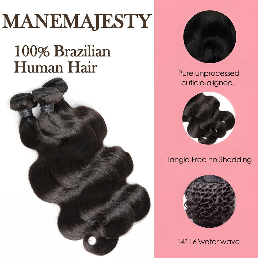 ManeMajesty Water Wave Brazilian Human Hair Bundles - 5C-14"*3+C - B0F7LQ84CS
