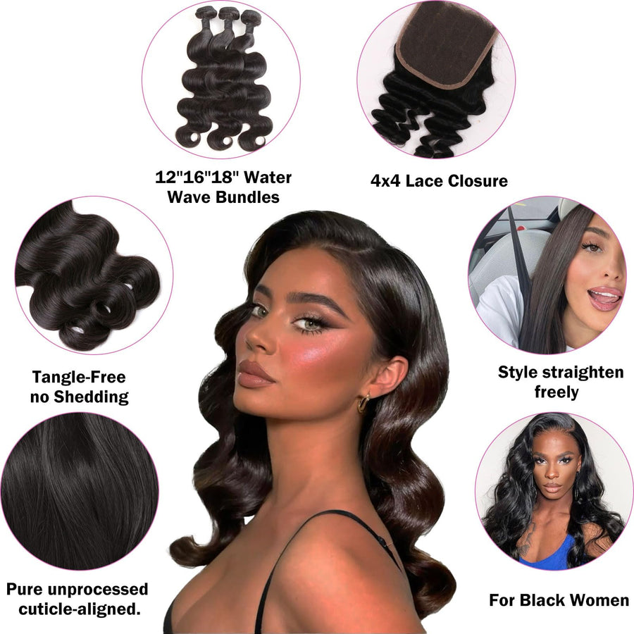 ManeMajesty Water Wave Brazilian Human Hair Bundles - 5C-14"*3+C - B0F7LQ84CS