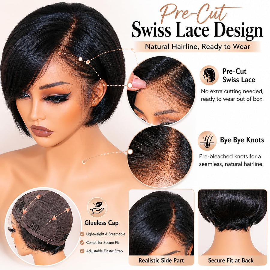 ManeMajesty Straight Lace Front Bob Pixie Cut Glueless Wear and Go Human Hair Wig - FT-2691 - B0F9T9WSTY