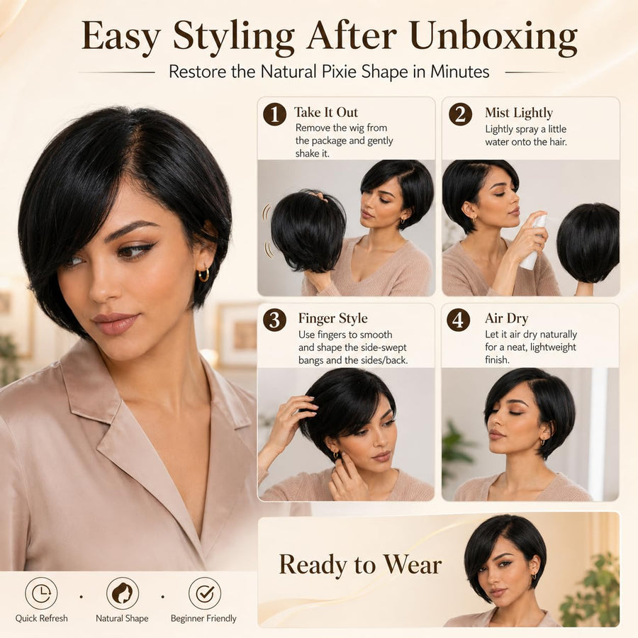 ManeMajesty Straight Lace Front Bob Pixie Cut Glueless Wear and Go Human Hair Wig - FT-2691 - B0F9T9WSTY