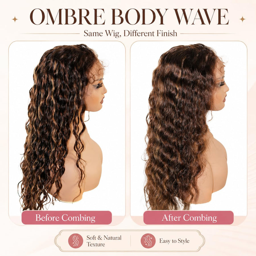 ManeMajesty Body Wave 13x6 Lace Front Glueless Human Hair Wig - FT-2072-FS4/27 - B0FFT669NL
