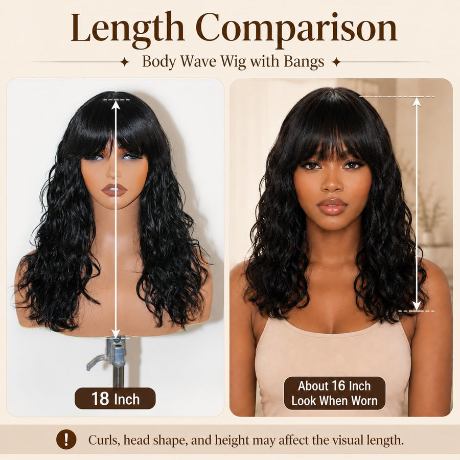 ManeMajesty Body Wave With Bangs Human Hair Wig - FT-1229MC-NA - B0G2XMVYV8