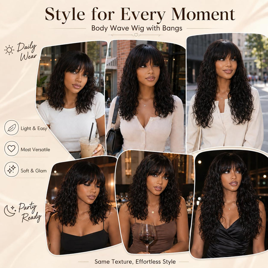 ManeMajesty Body Wave With Bangs Human Hair Wig - FT-1229MC-NA - B0G2XMVYV8
