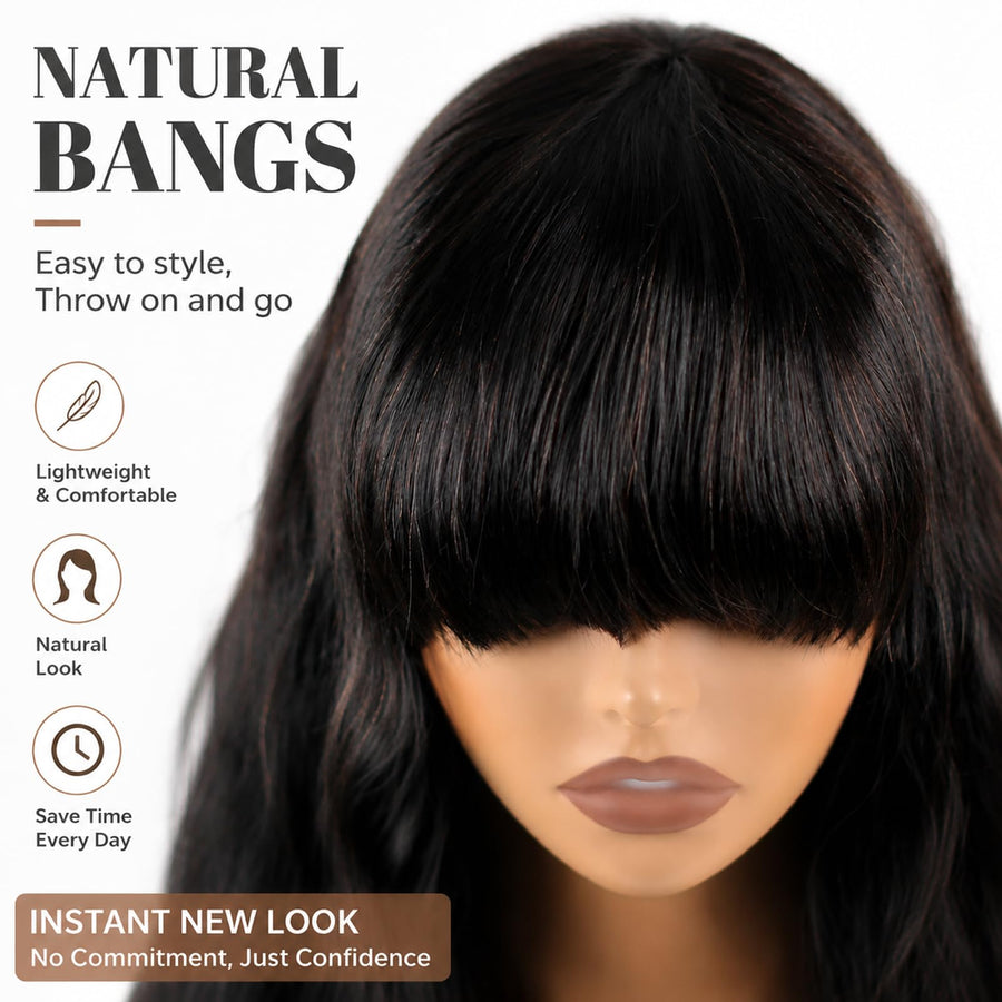 ManeMajesty Body Wave With Bangs Human Hair Wig - FT-1229MC-NA - B0G2XMVYV8