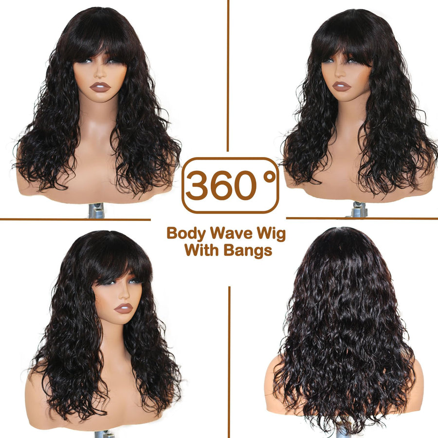 ManeMajesty Body Wave With Bangs Human Hair Wig - FT-1229MC-NA - B0G2XMVYV8