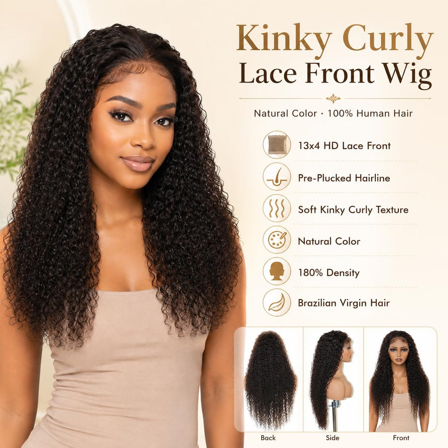 ManeMajesty Kinky Curly 13x4 Lace Front Glueless Human Hair Wig - FT-2326D - B0G5NR4D7Q