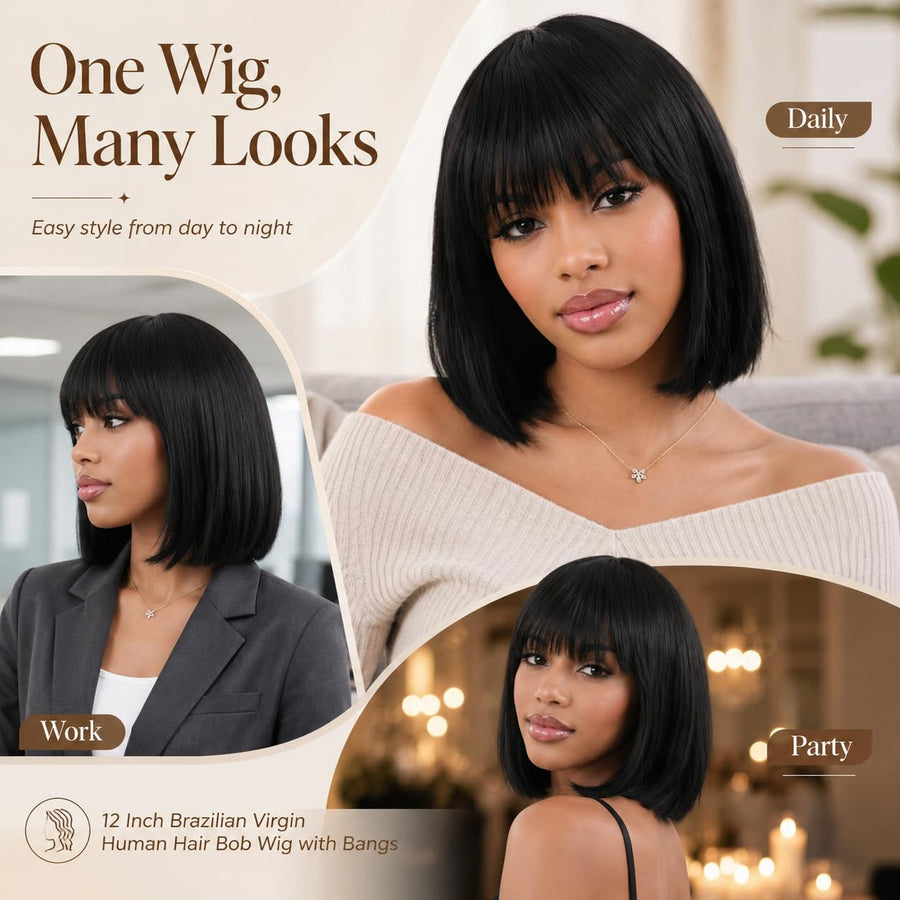 ManeMajesty 12 Inch Straight Lace Front Bob With Bangs Glueless Human Hair Wig - FT-1580M-1 - B0GT7WY45K